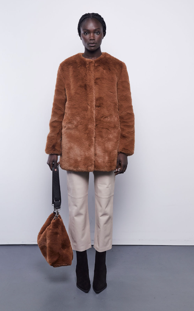 Long Faux Fur Coat in Tan